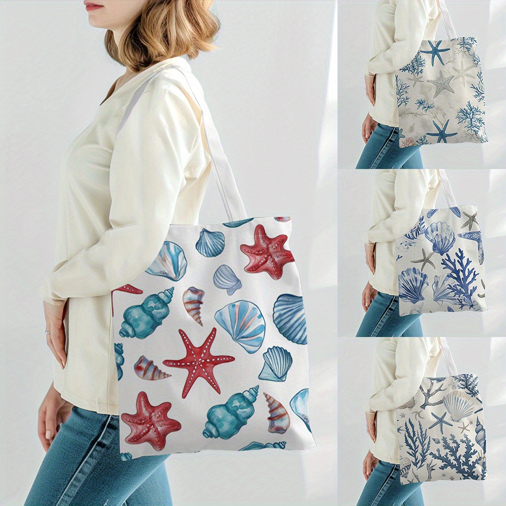

Canvas Tote Bag With Ocean, Starfish, Conch, Shell, And Coral Pattern, Lightweight Grocery Shopping Bag, Casual Canvas Shoulder Bag For School, Travel