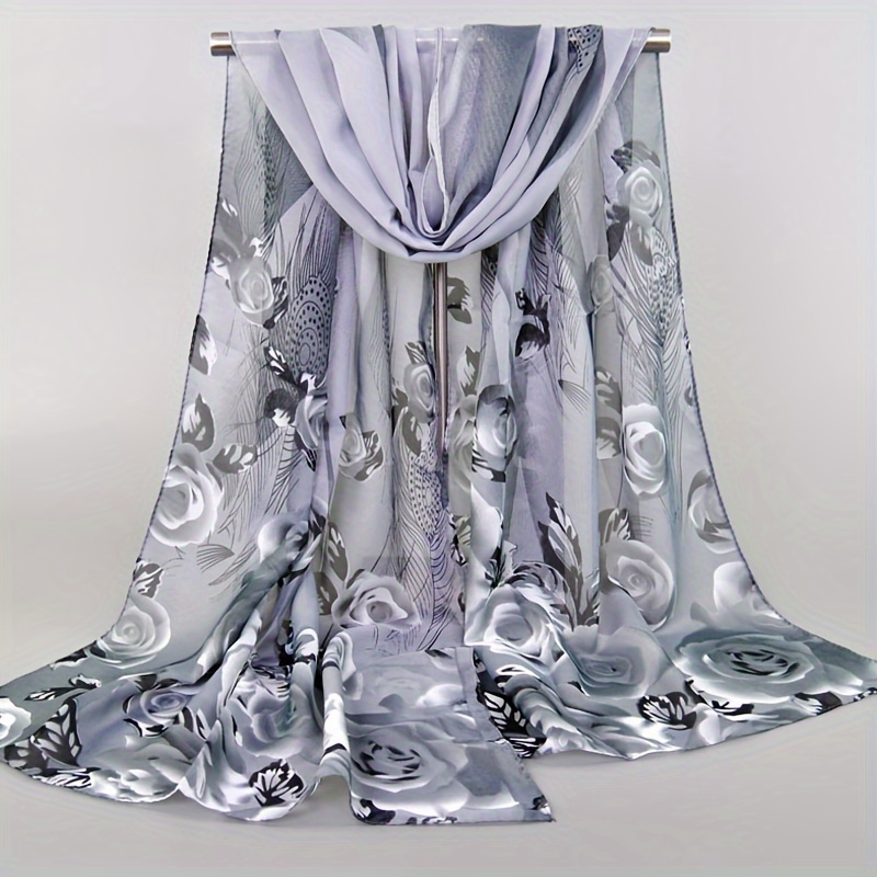 TEMU Lightweight Chiffon Printed Faux Scarf For Women, Featuring A Stylish Vintage Design With Colorful Flowers, Perfect For Winter As A Shawl