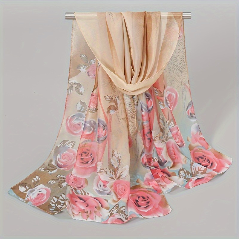 

Women's Lightweight Chiffon Floral Print Scarf, Vintage Colorful Flower Shawl, Winter Warm Scarf Wrap