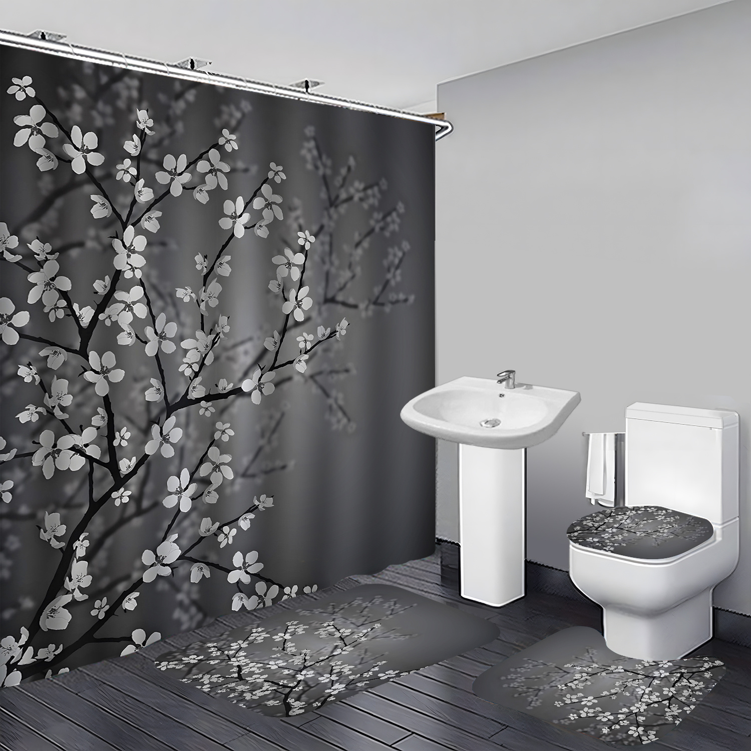 

: 1/4 Pcs Japanese Shower Curtain Set, Cherry Blossom On , Cloth Fabric Bathroom Decor Set With Hooks, Dark Grey