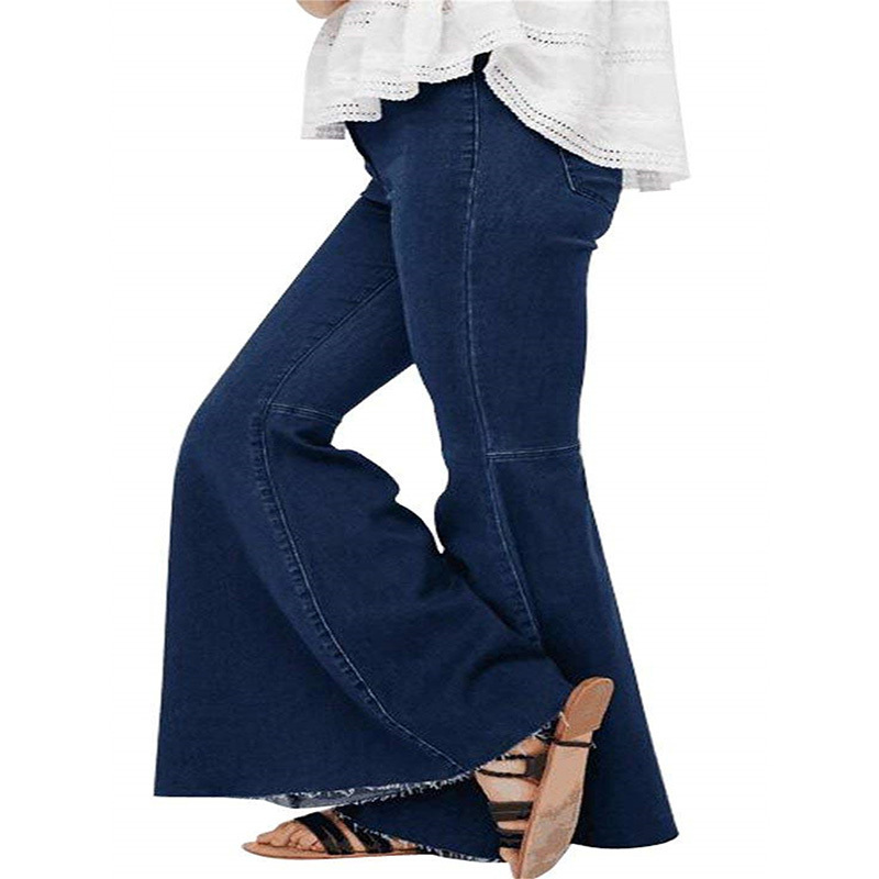 

Women's Fashion Bell Bottom Pants High Waist Raw Hem Plain Stretchy Flare Leg Jeans Blue