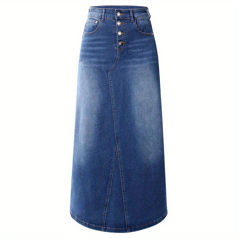 

Womens Plain Single-breasted Denim Skirt Casual A-line Stretch Jean Skirt For Women High Waisted Vintage Denim Maxi Skirt With Pockets