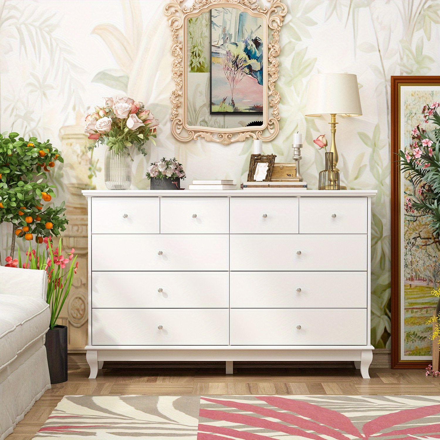 

10 Drawer Double Dresser For Bedroom White Dresser Wide Storage