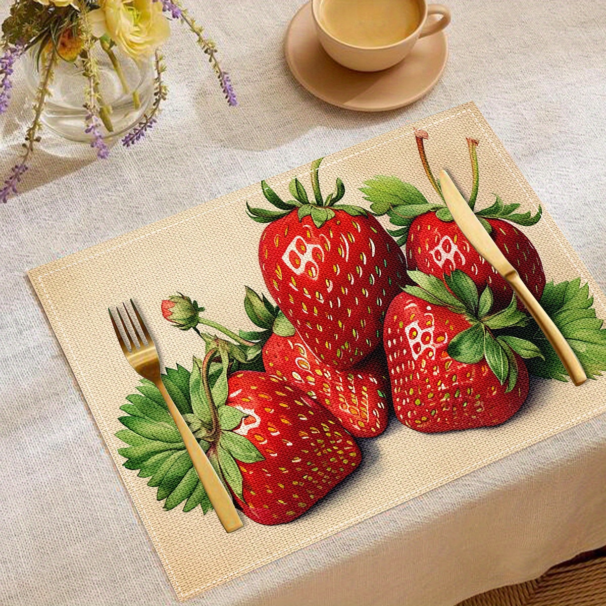 

4-piece Set Chic Strawberry Print Linen Placemats - Rectangular, Heat-resistant & Hand-washable Dining Mats For Everyday Elegance