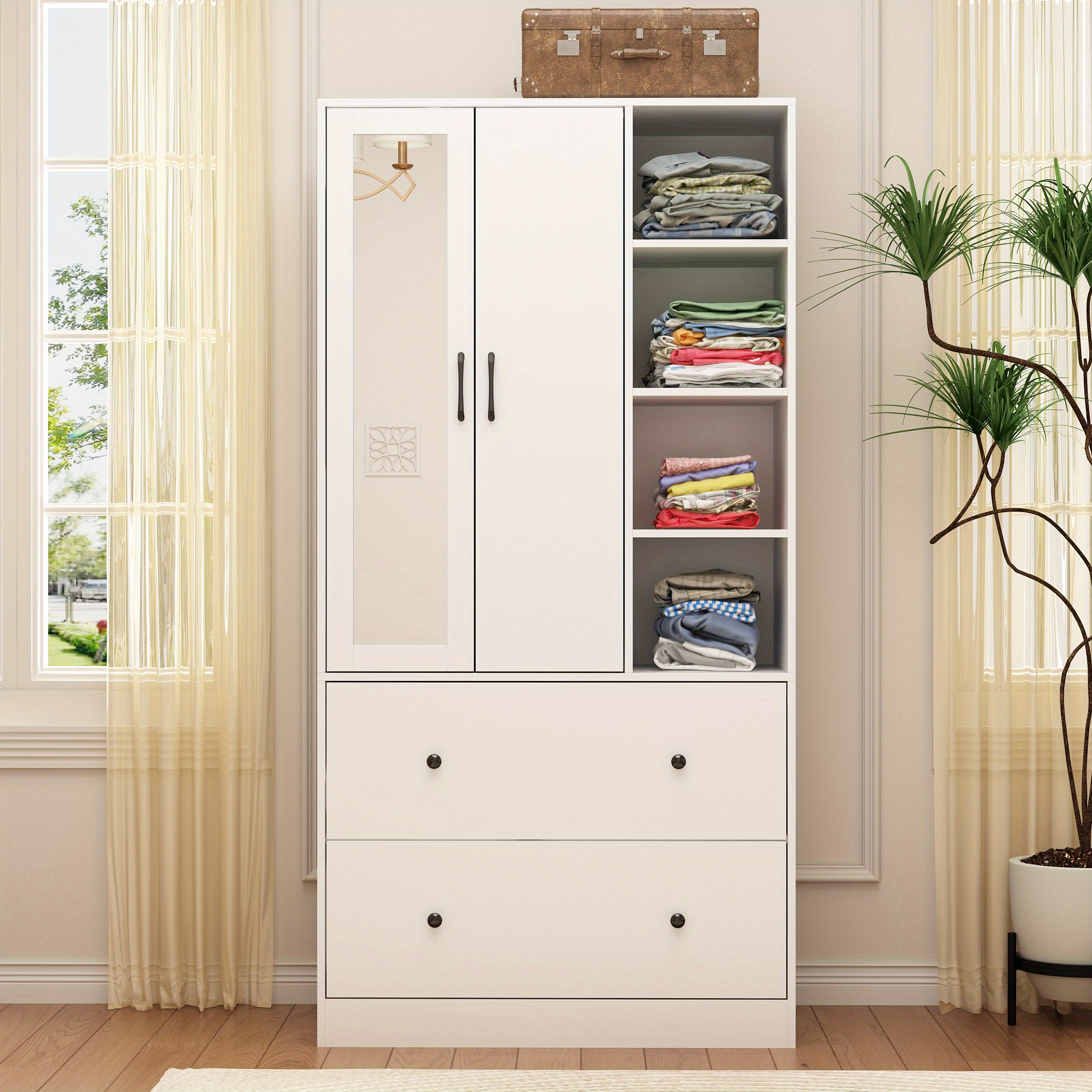 

Wardrobe Closet Armoire With Mirror Scalable Hanging Rod Cabinet