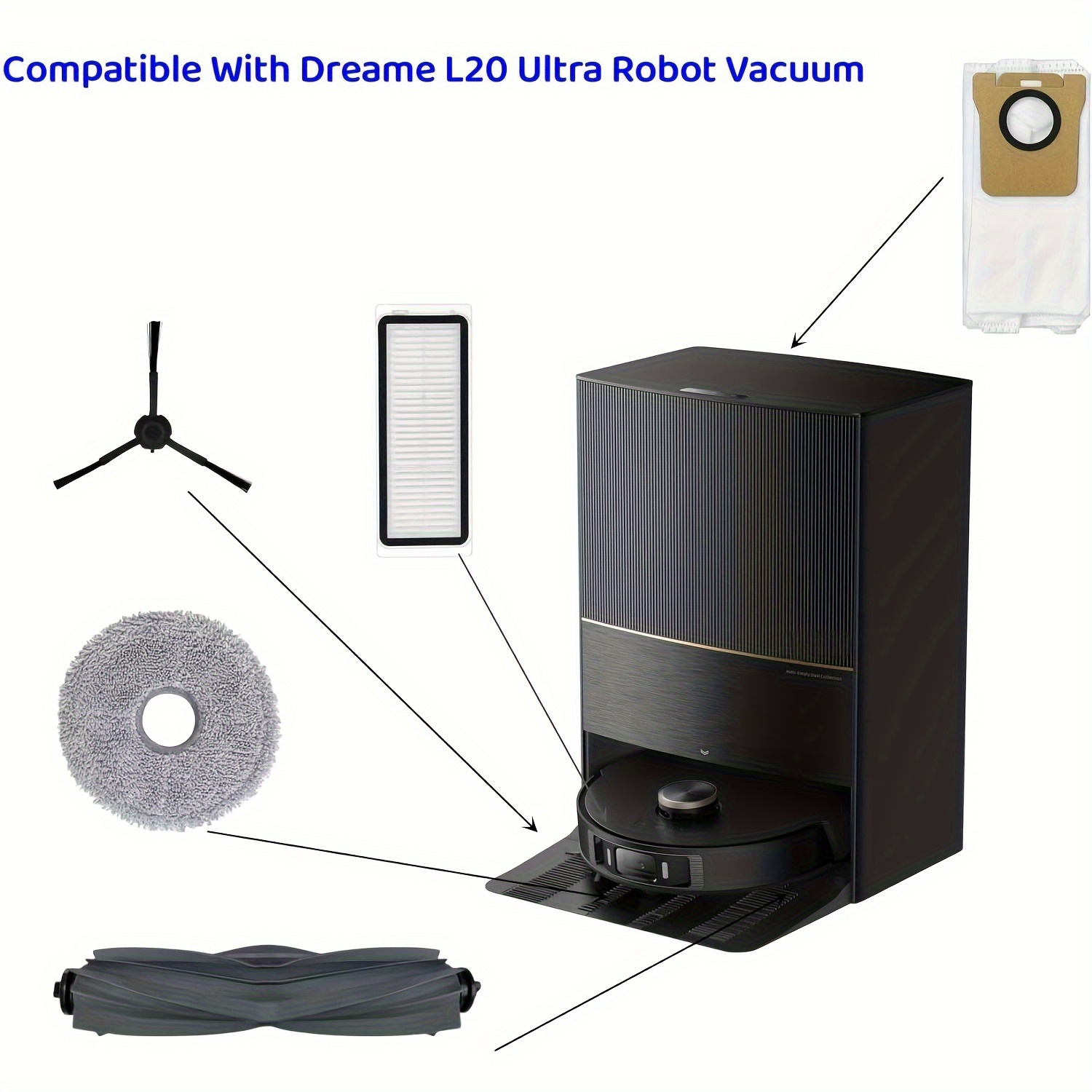 Dreametech L20 Ultra/L30 Ultra Elektrikli Süpürge Aksesuar Seti: 1 Ana Fırça, 1 Temizleme Fırçası, 2 HEPA Filtre, 4 Yan Fırça, 4 Toz Torbası ve 6 Bez Ped İçerir - Zemin Ekleri İçin Uygundur