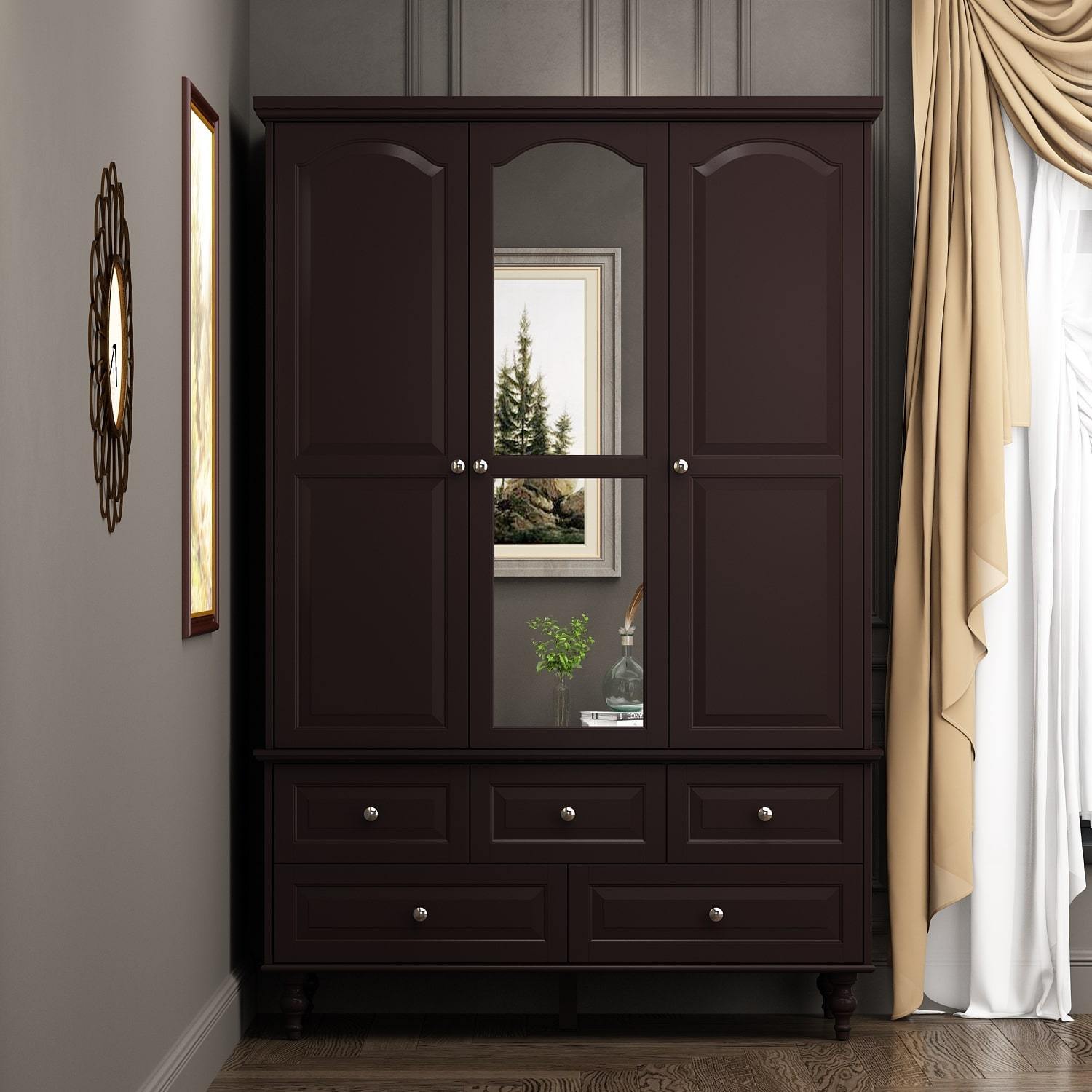 

3 Door Closet With Mirror, Wooden Freestanding Cabinet With 5 Drawers & Hanging Rod