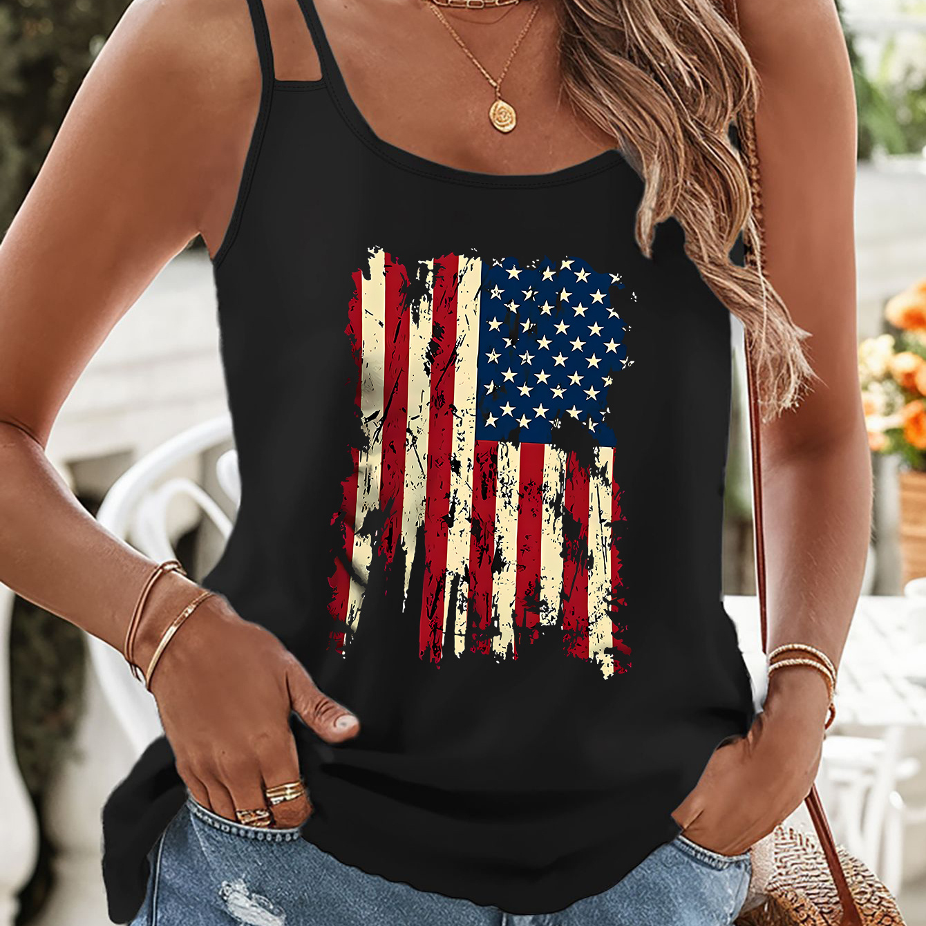 

American Flag Print Double Straps Tank Top, Casual Sleeveless Cami Top For Summer, Women's Clothing