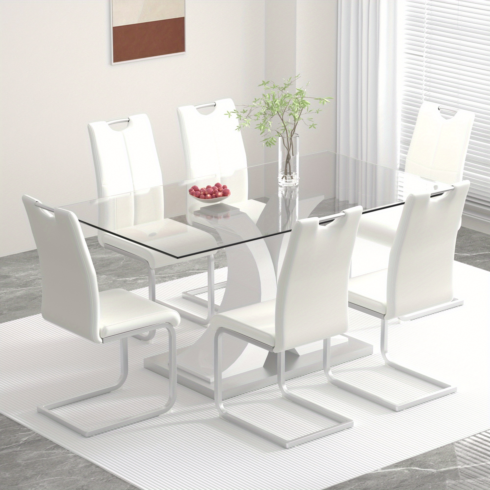 

63" Rectangle Modern Glass Dining Room Table Sets For 6, Glass Dining Table With 6 C-shape Chairs With Handle