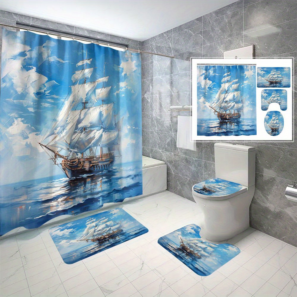 

Nautical Shower Curtain Set, Pirate Ship Ocean Theme 3d Digital Print, Water-resistant Polyester Bath Curtain With C-type Hooks, Machine Washable, All-season Knit Weave, With Bathroom Accessories