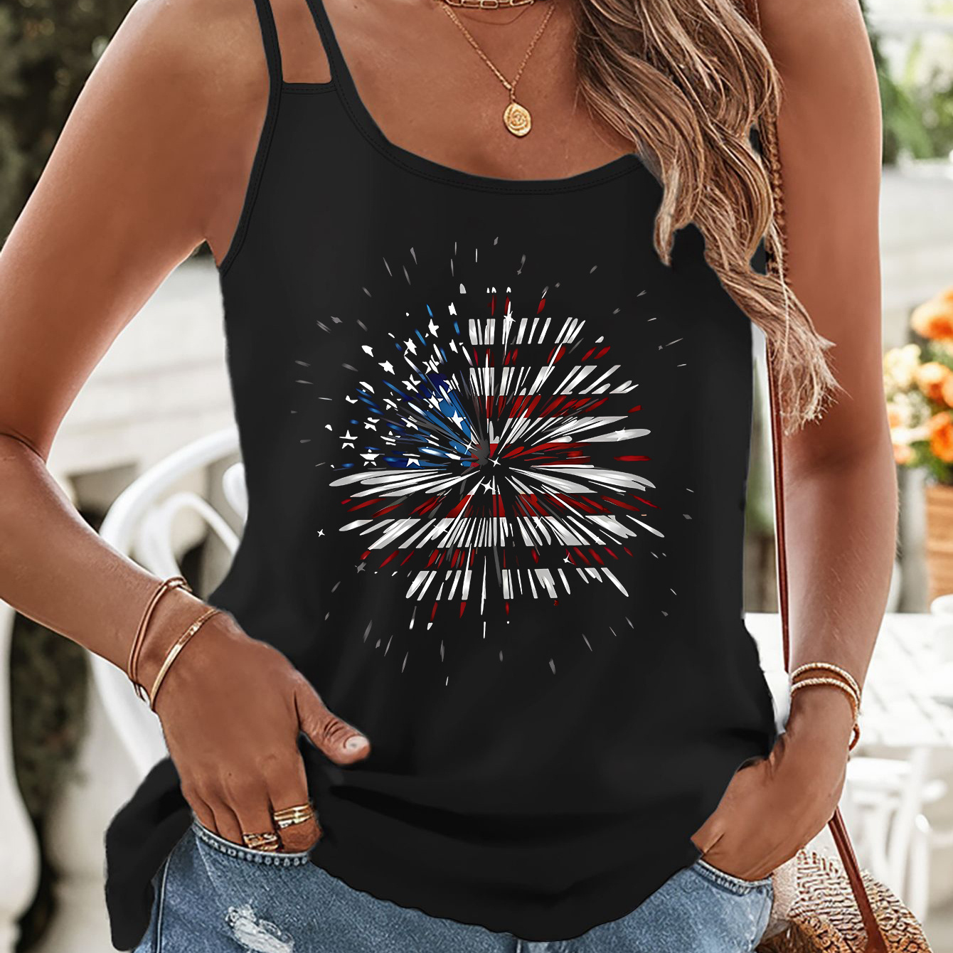 

Independence Day Print Double Straps Top, Casual Sleeveless Cami Top For Summer, Women's Clothing