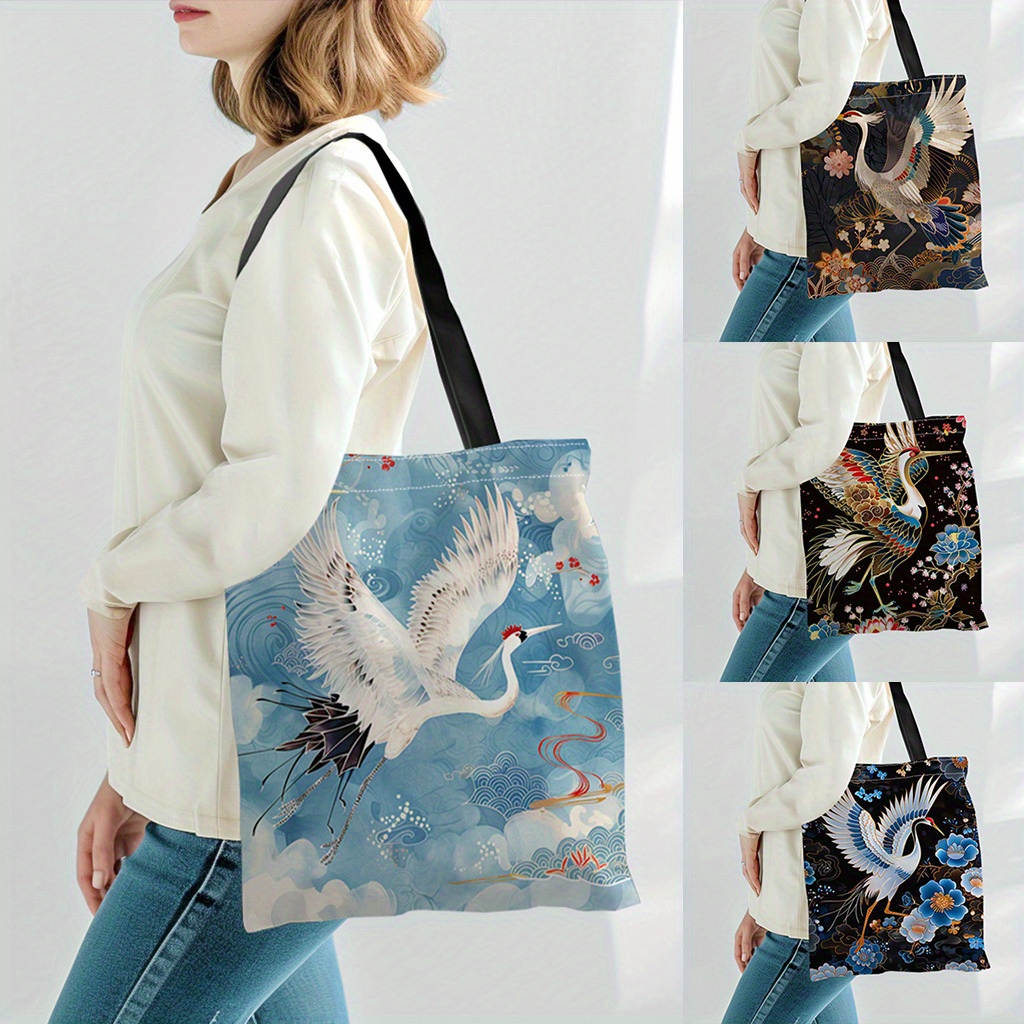 

1pc, Elegant Cranes & Flowers Pattern Canvas Tote Bag, Lightweight Grocery Shopping Bag, Casual Canvas Shoulder Bag For School, Travel