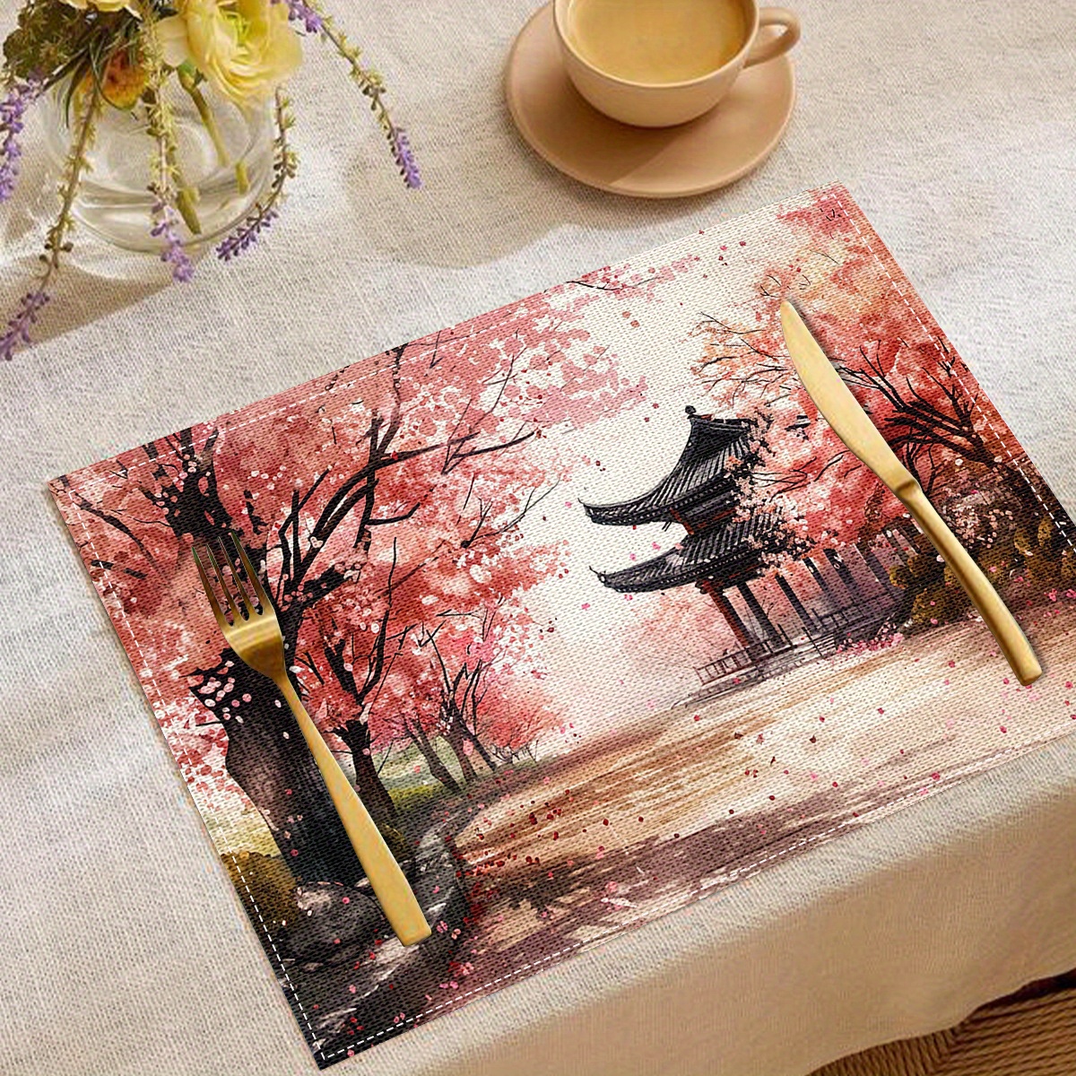 

Sakura-inspired Linen Placemat: Antique Printed, Rectangular, Handwash Only, Perfect For Family Meals Or Party Decorations