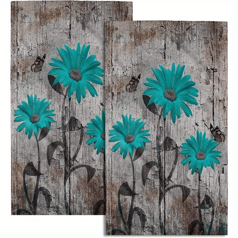 

2pcs, Teal Daisy & Butterfly Hand Towels, Modern Polyester Blend, Soft Fingertip Face Towel For Kitchen & Bathroom Decor