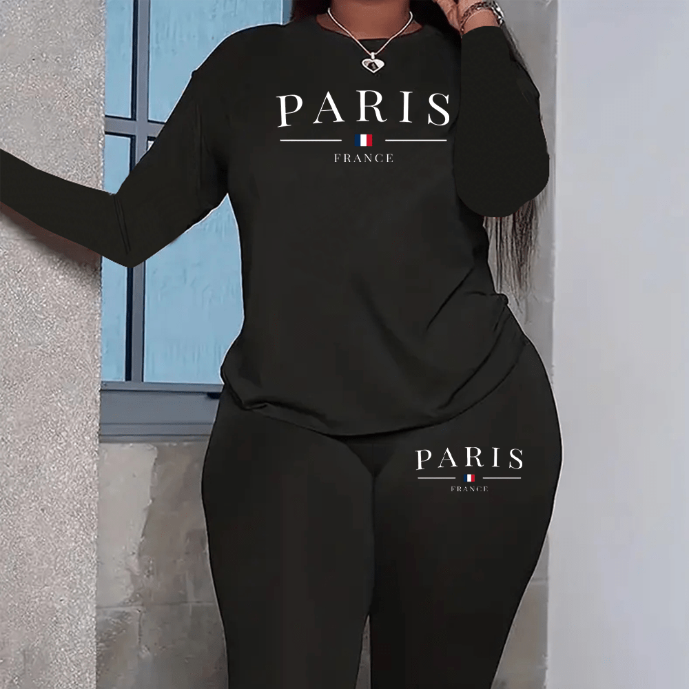 

Plus Size Paris Letter Print Two-piece Set, Crew Neck Long Sleeve Top & Pants Outfits, Women's Plus Size clothing