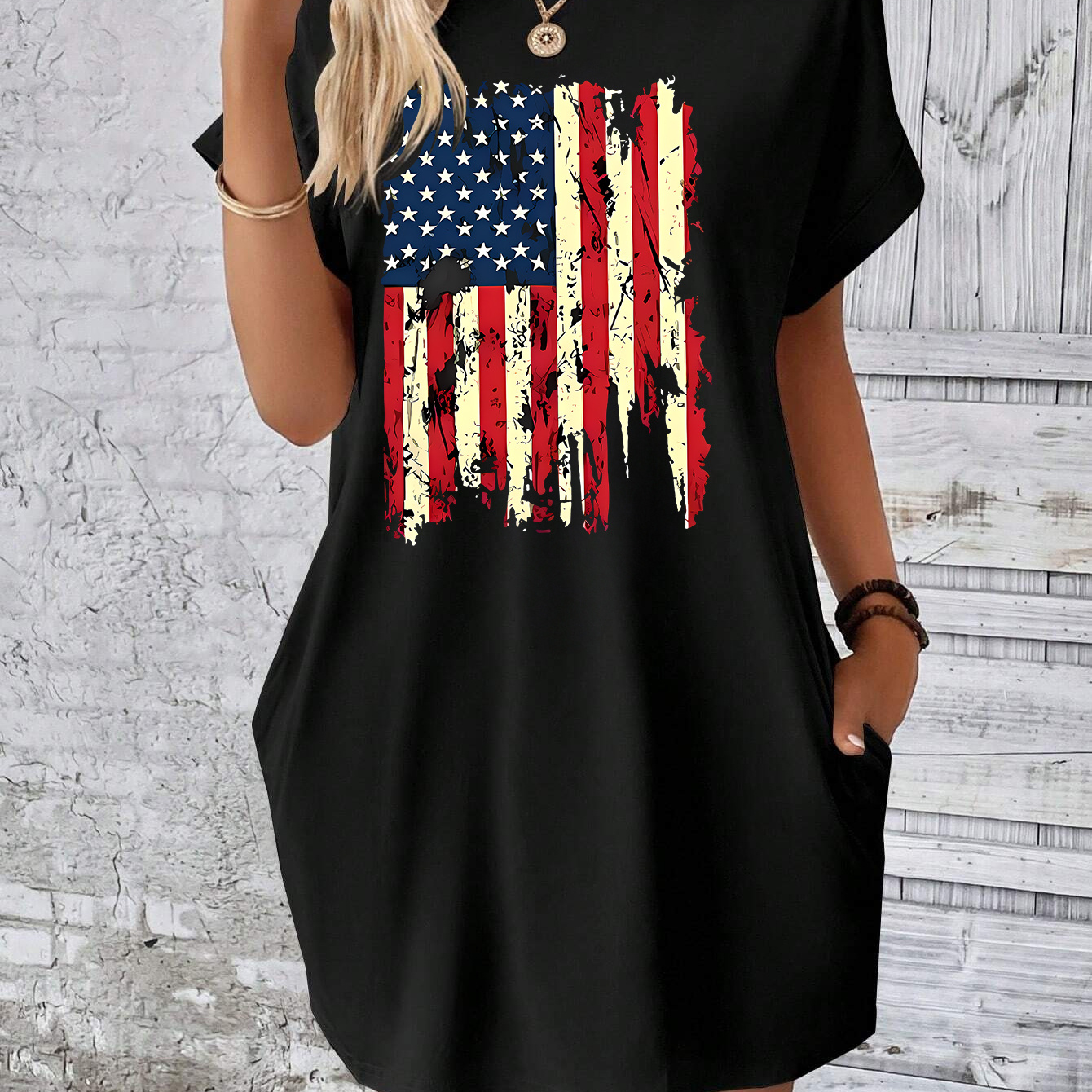 

American Flag Print Pocket Tee Dress, Batwing Sleeve Crew Neck Casual Dress For Summer & Spring, Women's Clothing