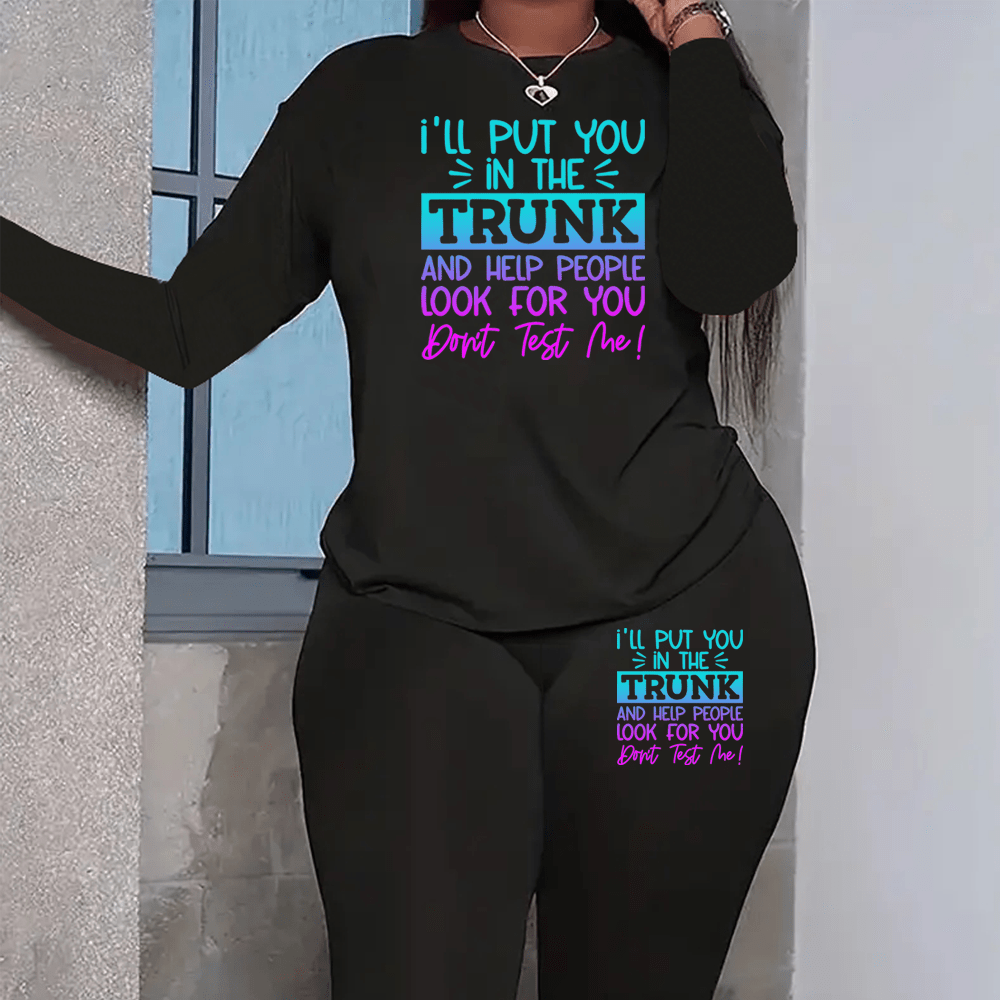 

Plus Size I Will Put Two-piece Set, Crew Neck Long Sleeve Top & Pants Outfits, Women's Plus Size clothing