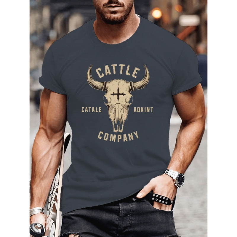 

Cattle Bull Print Casual Short Sleeve T-shirt, Men's Crew Neck Versatile Summer Outdoor Tee Tops