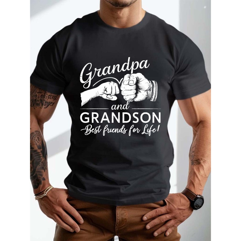 

Plus Size Men's Trendy Grandpa Grandson Graphic Print T-shirt, Breathable Comfy Casual Short Sleeve Top For Big & Tall Males, Men's Summer Clothing