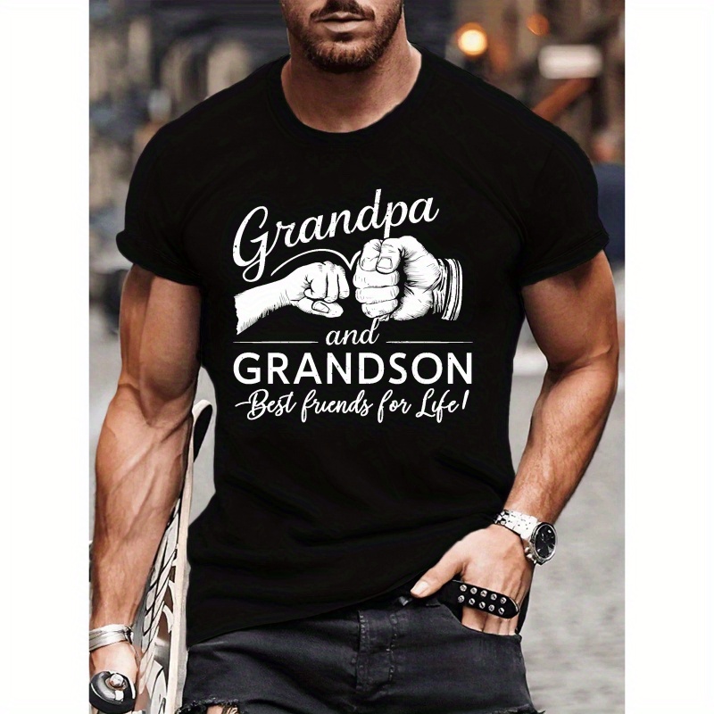

Grandpa And Grandson Print Casual Short Sleeve T-shirt, Men's Crew Neck Versatile Summer Outdoor Tee Tops