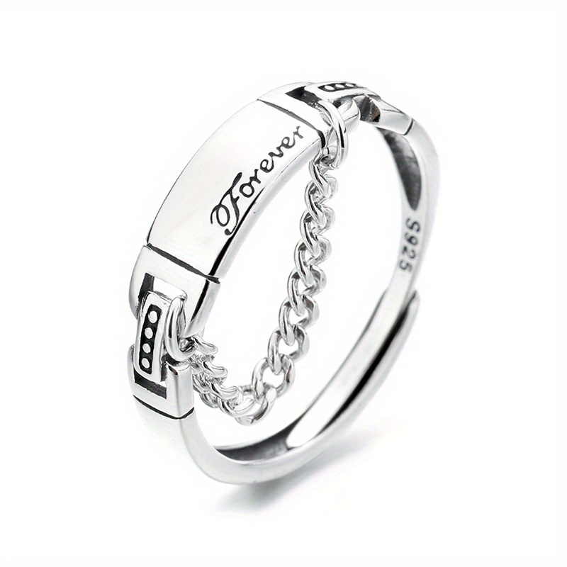 TEMU 1pc S925 Pure Silvery Vintage English Letter Chain Ring With Simple And Adjustable Opening Design