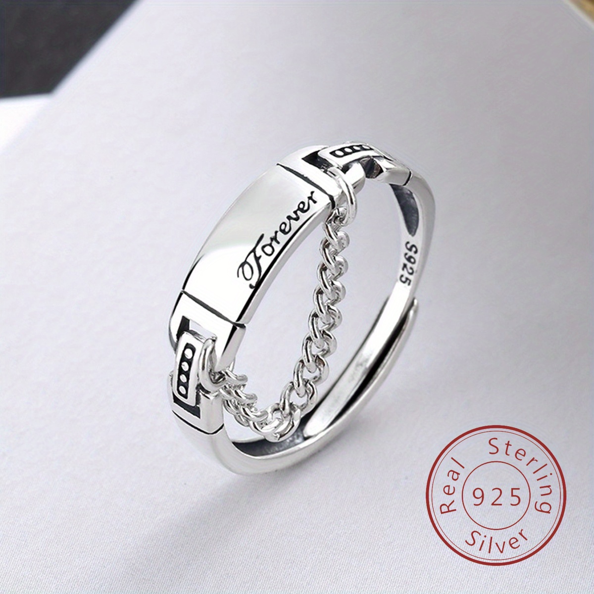 

1 Piece Of 925 Sterling Silver Vintage Vintage English Letter Chain Ring For Women, Simple And Personalized, Adjustable Thai Silver Ring With Opening