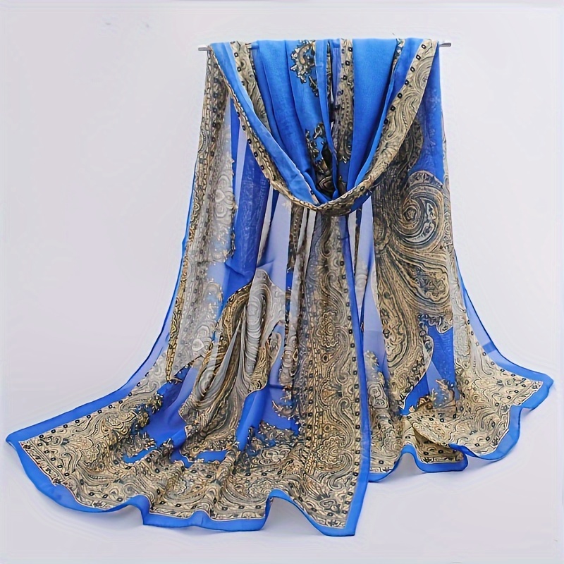 

59.06"×19.69" Chiffon Scarf Boho Classical Vintage Print Thin Head Wrap Large Shawl, Elegant Summer Beach Towel Sunscreen Shawl Windproof Neck Wrap Casual Hair Accessories