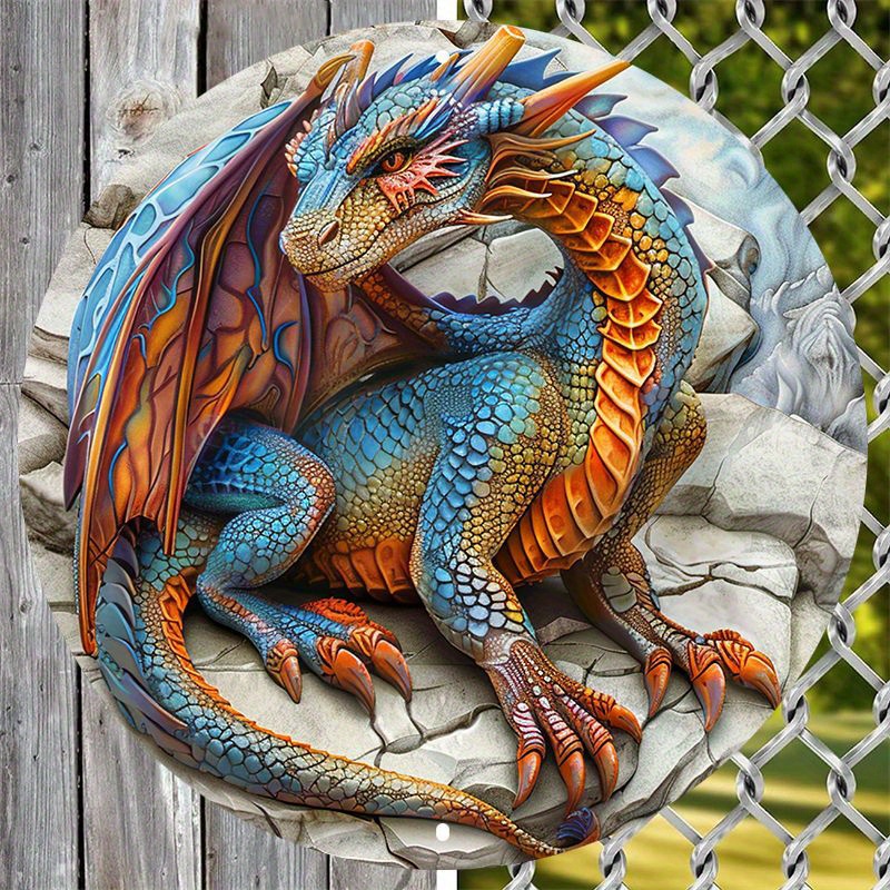 

1pc Weather-resistant Aluminum Dragon Metal Art Sign 8x8 Inch - Vivid Hd Print, Pre-drilled Circular Dragon Wall Decor For Home And Garden, Linda Design, Ideal For Multiple Settings