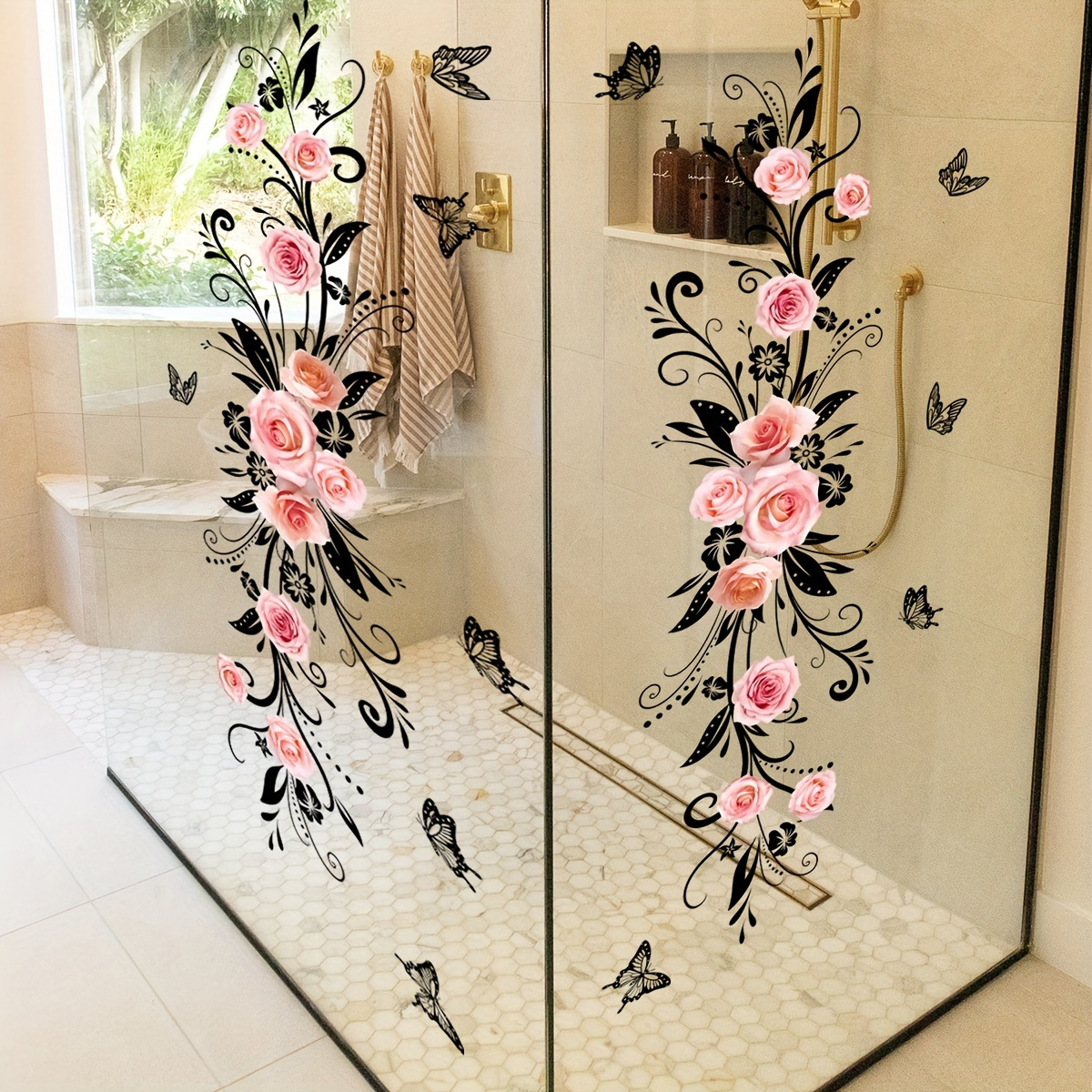 

Floral Wall Decal - Plastic And Stickers For Living Room, Bathroom, And Bedroom - Double-sided Glass Door Decor - No Power Needed, Ideal For , Graduation, &