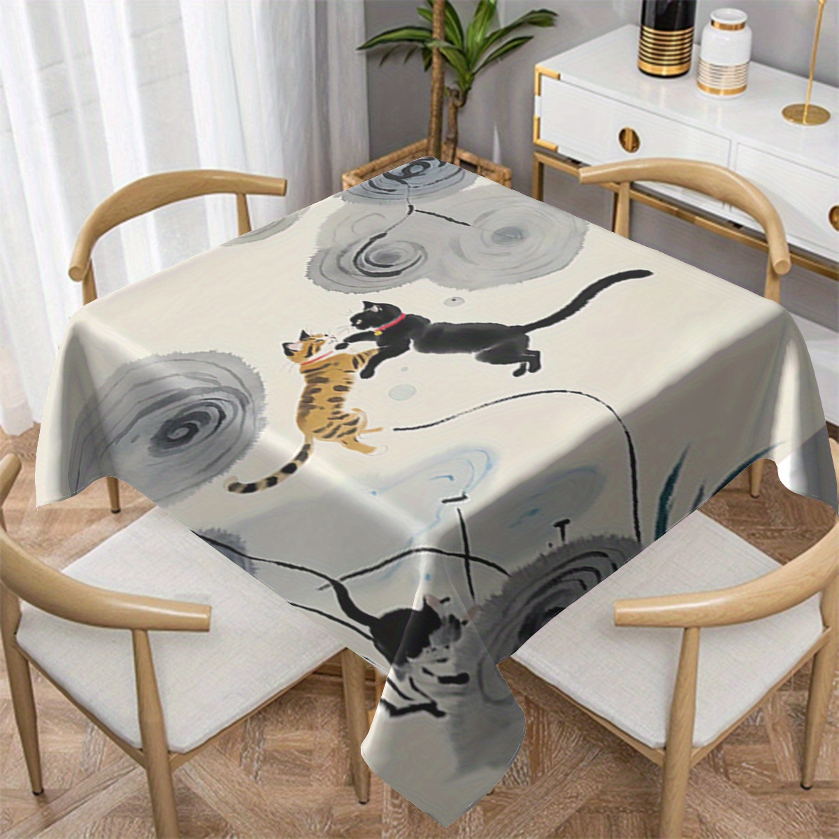 

Charming Yellow & Black Cat Design Tablecloth - Waterproof, Stain-resistant Polyester For Kitchen, Dining, Parties & Outdoor Use
