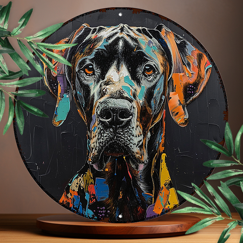 

Great Dane Impasto Art Style Metal Wall Decor - 1pc Waterproof Uv Resistant Round Aluminum Sign For Indoor & Outdoor Use