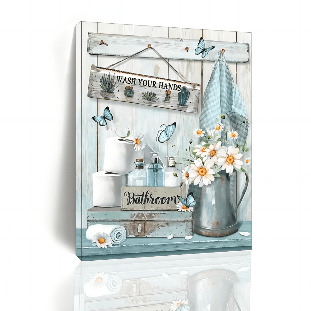 

1pc Wooden Farmhouse Bathroom Decor Wall Flower And Butterfly Bathroom Pictures Canvas Print Teal Country Bathroom Wall Decor Vintage Bathroom With