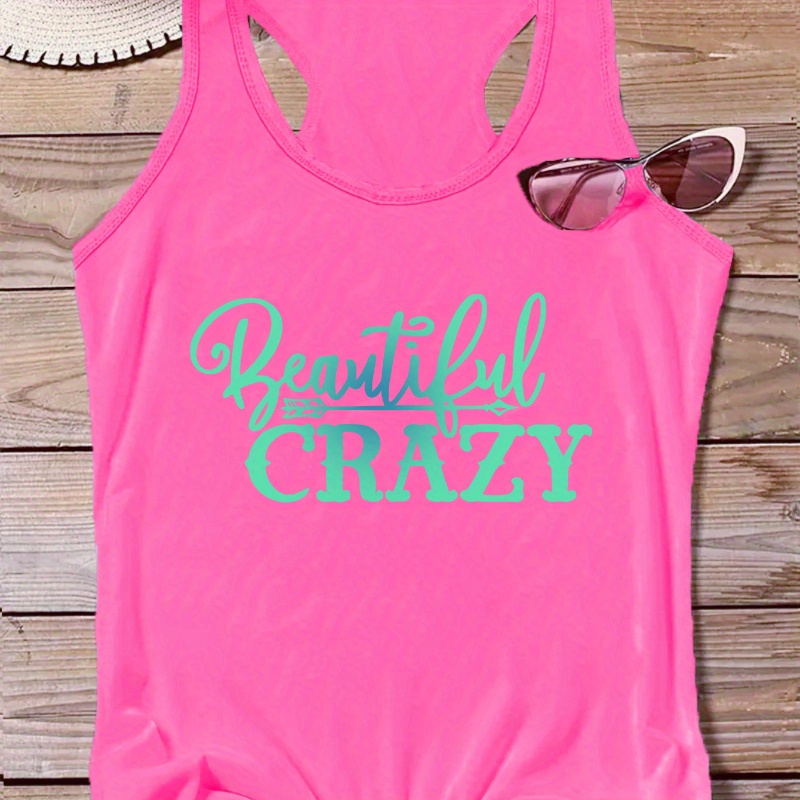 

Plus Size Crazy Letter Print Tank Top, Casual Crew Neck Sleeveless Tank Top For Summer, Women's Plus Size clothing