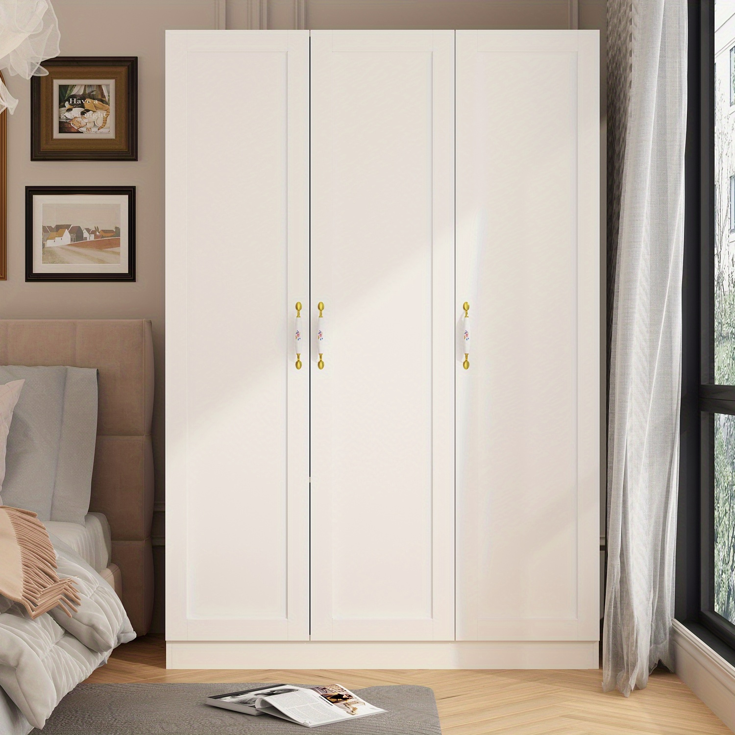 

Large Wardrobe Armoire Wooden Closet With 3 Doors, 5 Storage Compartments, 2 Hanging Rods & Decorative Handles For Bedroom, White