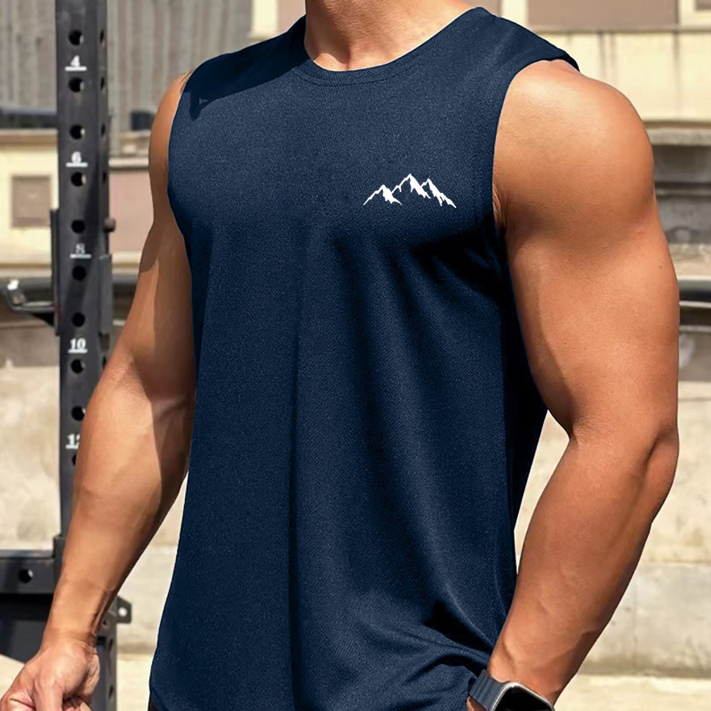 

Mountain Print Men's Fashion Comfy Breathable Vest, New Casual Round Neck Short Sleeve Tank Top For Spring Summer Men's Clothing