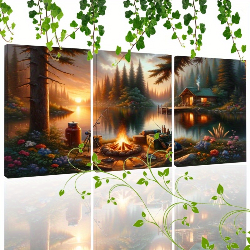 

3pcs Wooden Framed Canvas Painting Beautiful Sunset Lake Campfire Fishing Gear Surrounded By Woods And Colorful Flowers Lake Scenery Quiet Beautiful Natural Landscape Ready To Hang