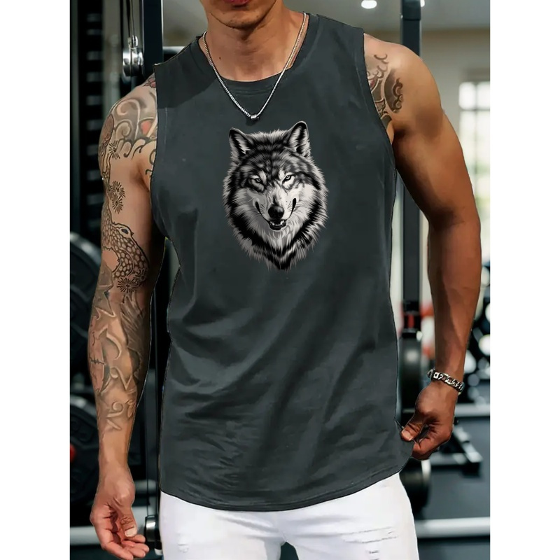 

Proud Wolf Print Sleeveless Tank Tops, Comfy Breathable Casual Slightly Stretch Tops, Men's Summer Clothing