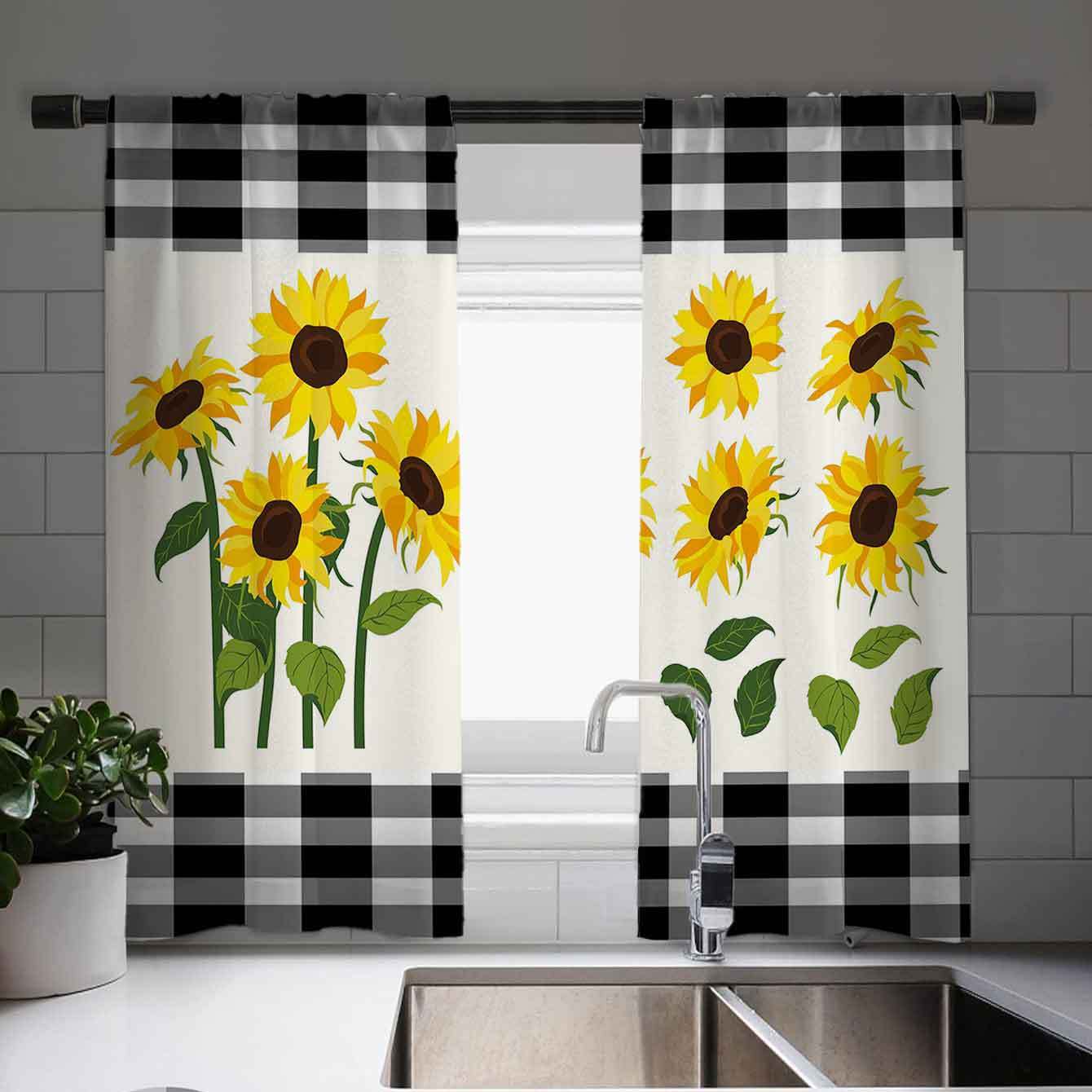 

1pc Elegant Curtains And 2pc Cafe Curtains Sunflower Plaid Print Curtains, Charming European Tableware Design - Retro Style Window Decoration For Kitchen, Farmhouse, Living Room And Bedroom Decor