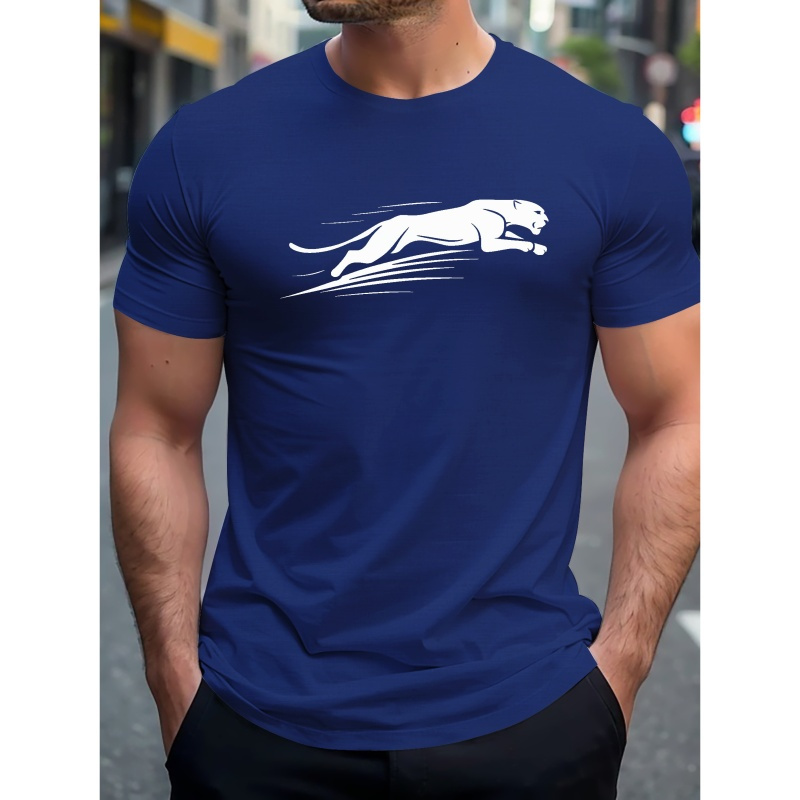 

Sleek Leaping Panther Graphic Print Crew Neck Short Sleeve T-shirt For Men, Casual Summer T-shirt For Daily Wear And Vacation Resorts