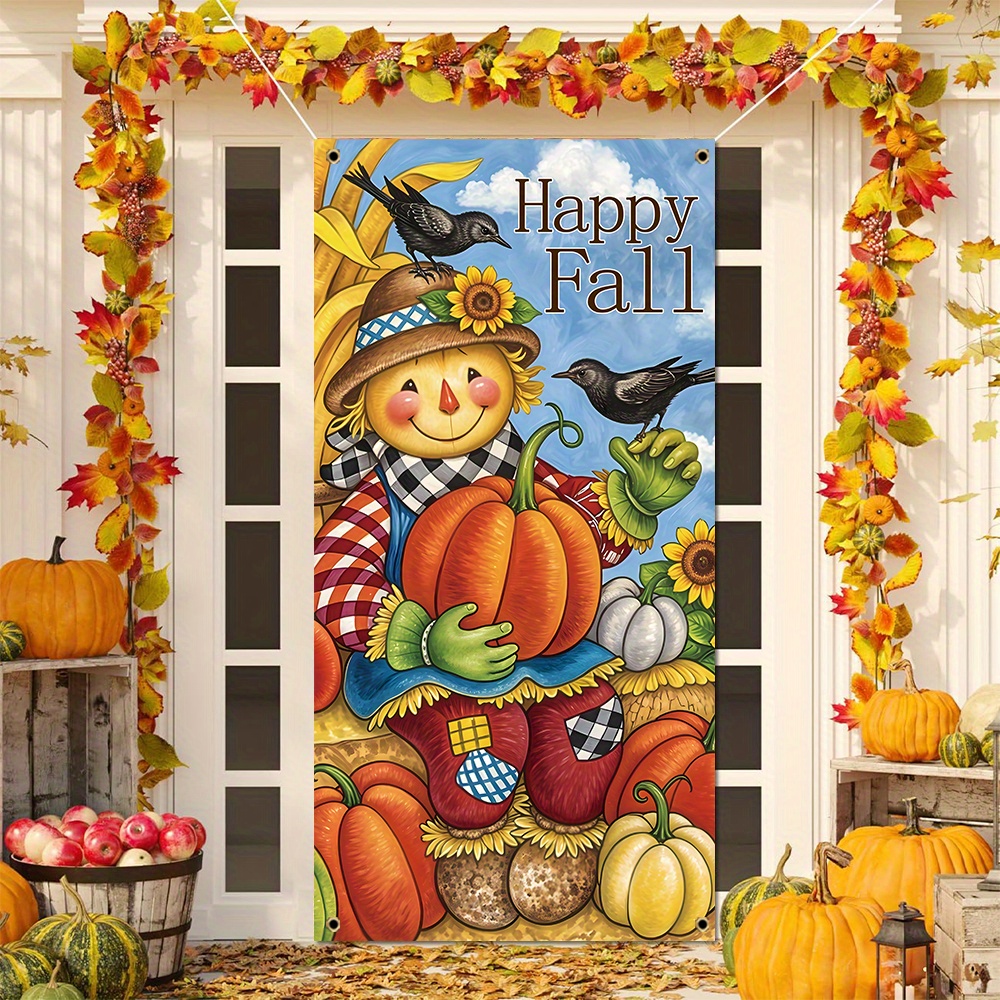 

1pc, Welcome Fall Door Cover Banner, Polyester, Pumpkin Background Thanksgiving Porch Sign, Seasonal Farmhouse Harvest Front Door Hanging Banner, Home Wall Decor