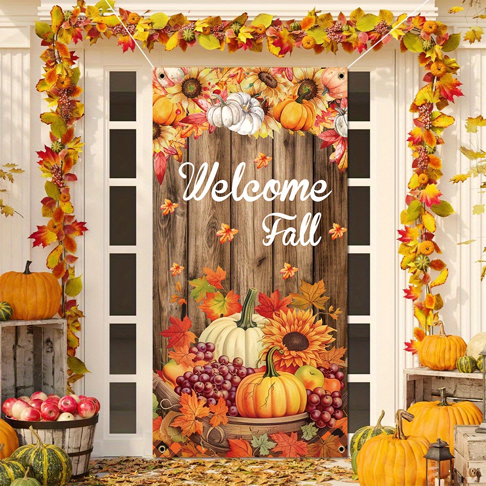 

Door Banner - Polyester, Pumpkin & Maple Leaf Design, Perfect For Thanksgiving & Harvest Season Decor, Farmhouse Style Front Door Hanging Sign