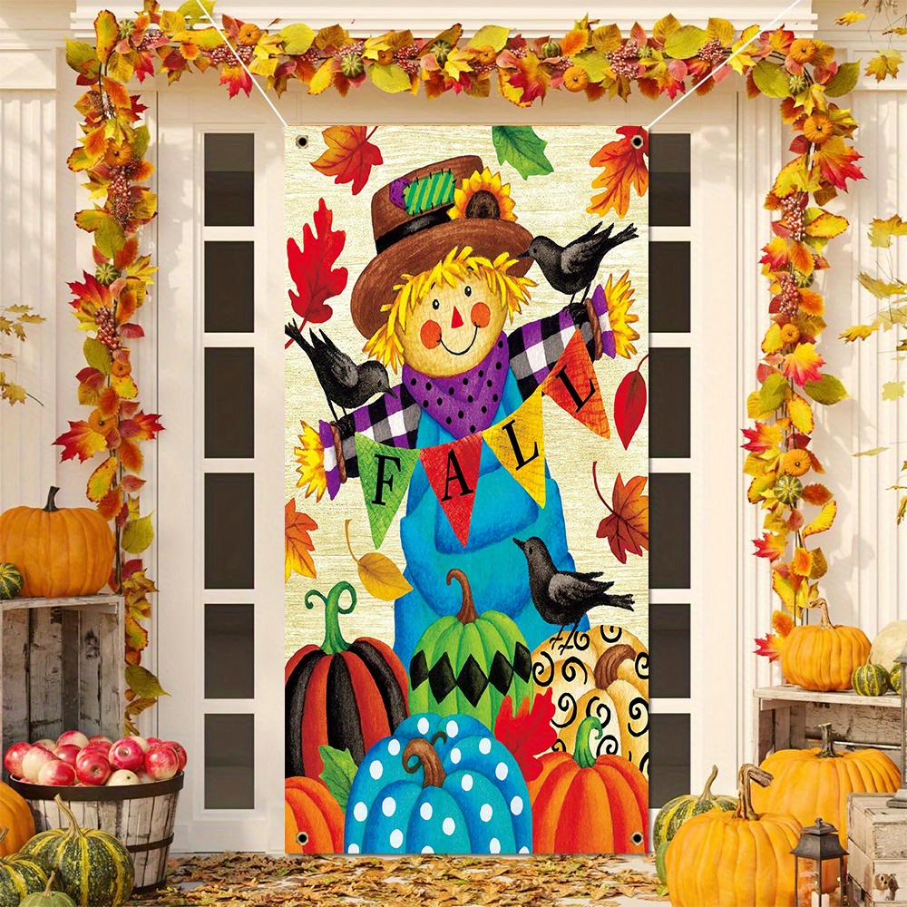 

1pc, Welcome Fall Door Cover Banner, Polyester, Colorful Pumpkin Background Thanksgiving Porch Sign, Seasonal Farmhouse Harvest Front Door Hanging Banner, Home Wall Decor