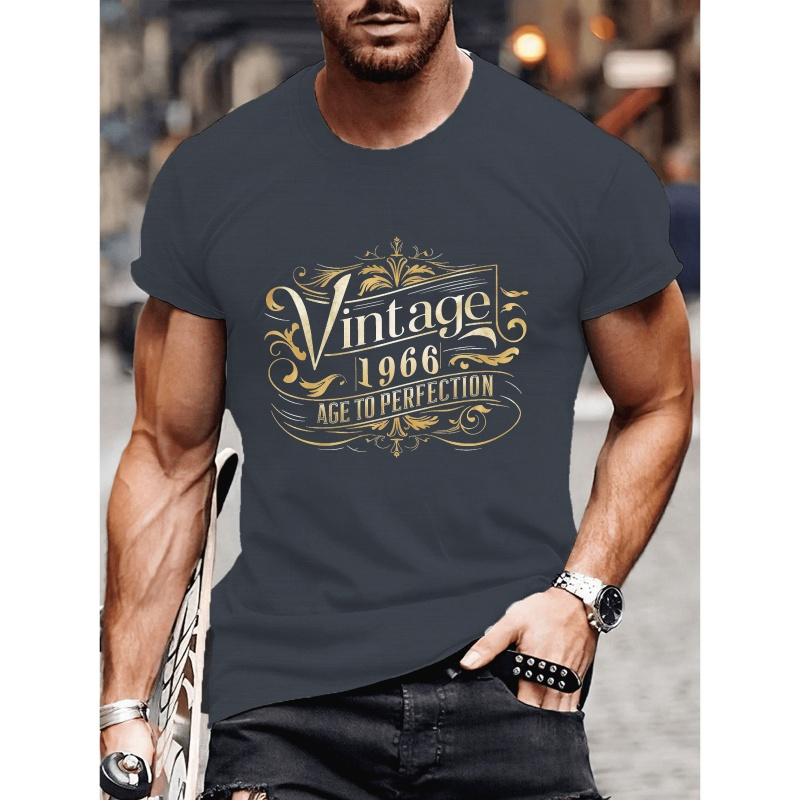 

T-shirt vintage 1966 pour homme, col rond, manches courtes, légèrement élastique, haut décontracté d'été polyvalent pour le fitness en plein air et les déplacements quotidiens.