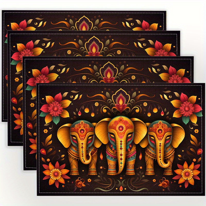 

Elephant Pattern Printed Linen Place Mats 4pcs Set - 100% Woven Linen Table Mats, Non-slip Heat Resistant, Machine Washable Rectangular Dining Table Mats For Home, Kitchen Decor