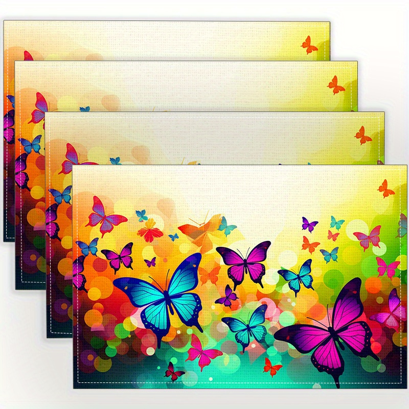 

4-piece Set Colorful Butterfly Linen Placemats - Non-slip, Heat-resistant Table Mats For Dining & Coffee Tables, Machine Washable, Adds Beauty To Kitchen & Home Decor