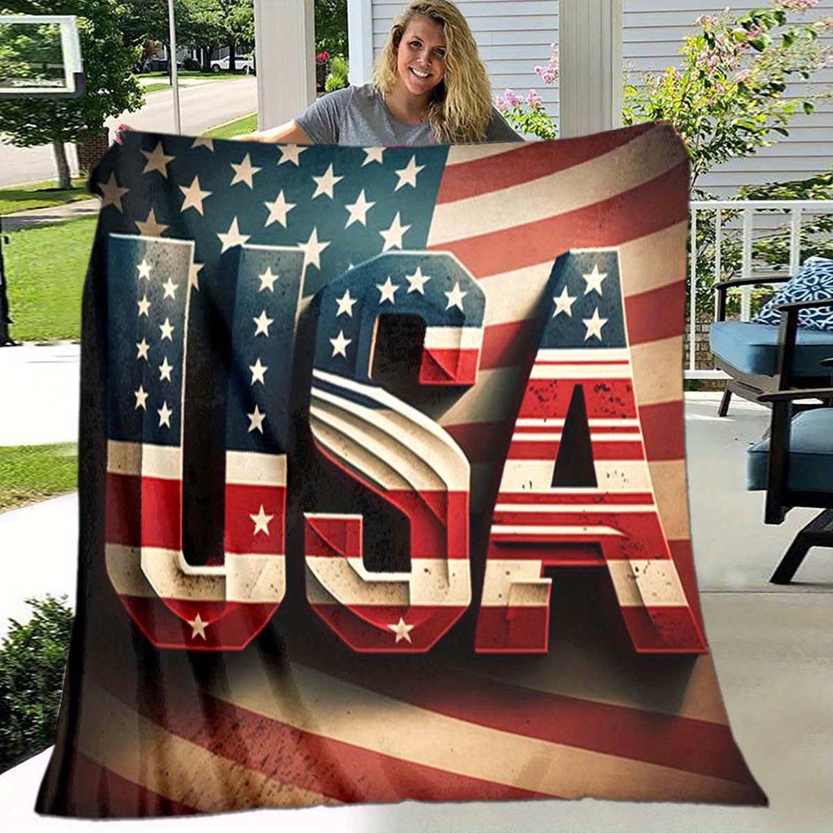 

Extra Large Usa Flag Blanket - 100% Polyester Soft Comfortable Sofa Bed Throw, Machine Washable American Patriotic Travel Picnic Nap Mat, Spacious Family Office Casual Cover - Oversized Chair Mat