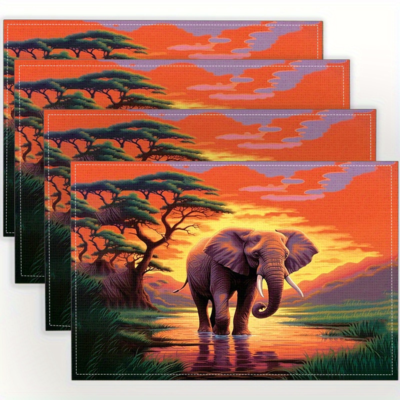 

Elephant Sunset Scene Linen Place Mats 4pcs Set - Woven, 100% Linen, Rectangular, Machine Washable, Slip-resistant, Heat-resistant For Dining Table, Coffee Table & Kitchen Decor