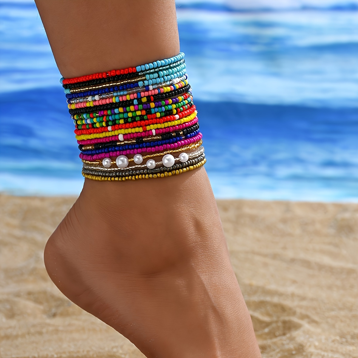 

20 Pcs Colorful Mini Seed Beads Beaded Anklet Set Niche Design Boho Style Ankle Bracelet Foot Accessory