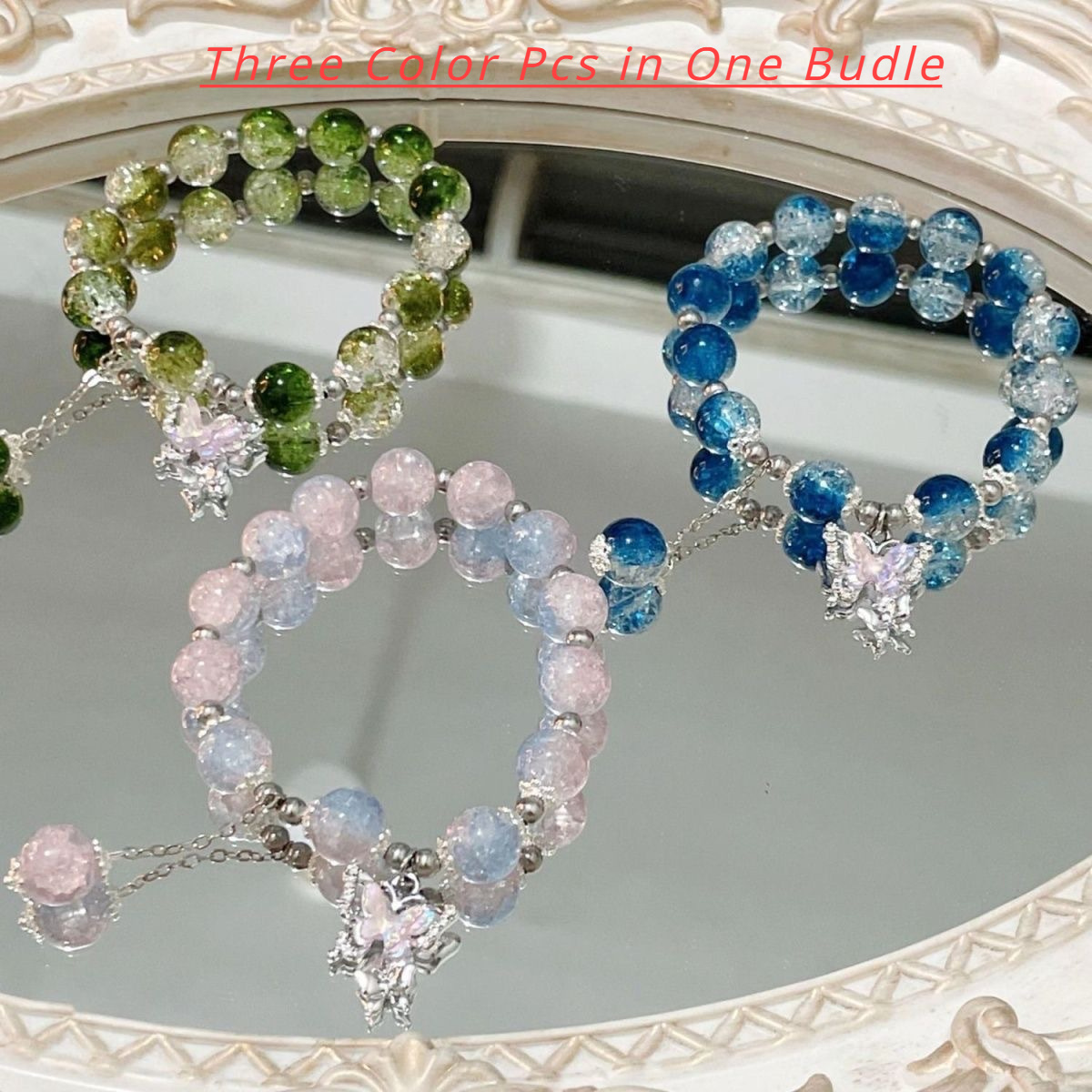 

3pcs Set Butterfly Charm Beaded Bracelets - Glass, Casual Attire &