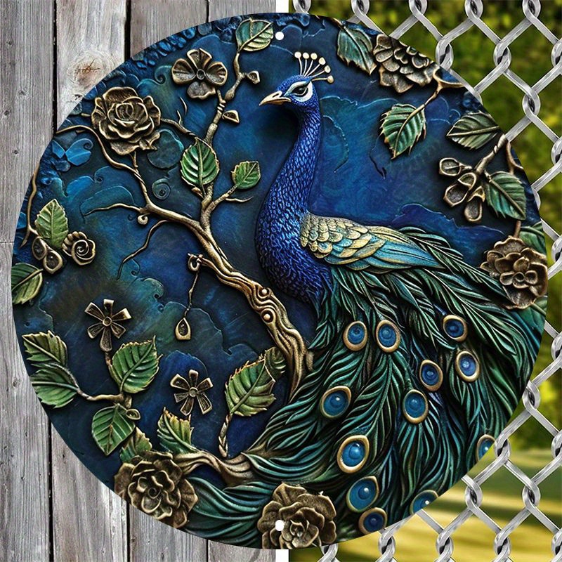 

Peacock Metal Wall Art Decor - 1pc 8" Aluminum Circle, Waterproof Outdoor Decorative Sign, Hd Printed Quality Petal & Peafowl Design, Pre-drilled Weather-resistant Plaque For Home & Garden